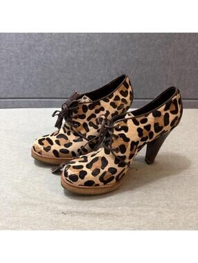 Coach Tullah Leopard Print Calf Hair Lace Up Heels Platform Booties Sz 7.5 B
